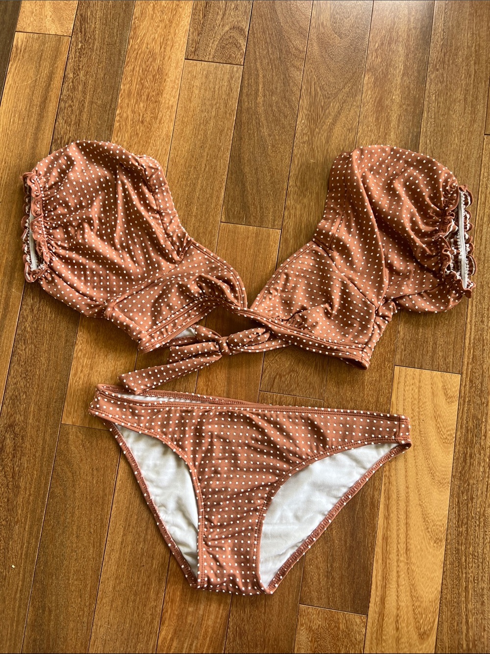 Xhiliration brown and white polka dot bikini medium large